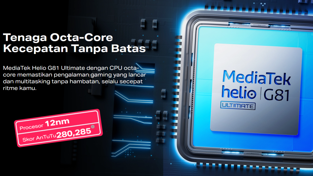 Dapur pacu HOT 60i diperkuat oleh chipset MediaTek Helio G81 Ultimate