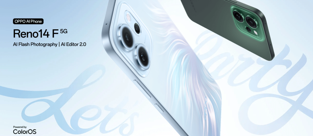 Foto OPPO Reno 14F 5G tampak belakang dengan desain Iridescent Mermaid Tampilan belakang OPPO Reno 14F 5G dengan gradasi warna premium dan teknologi Velvet Glass yang tahan sidik jari.