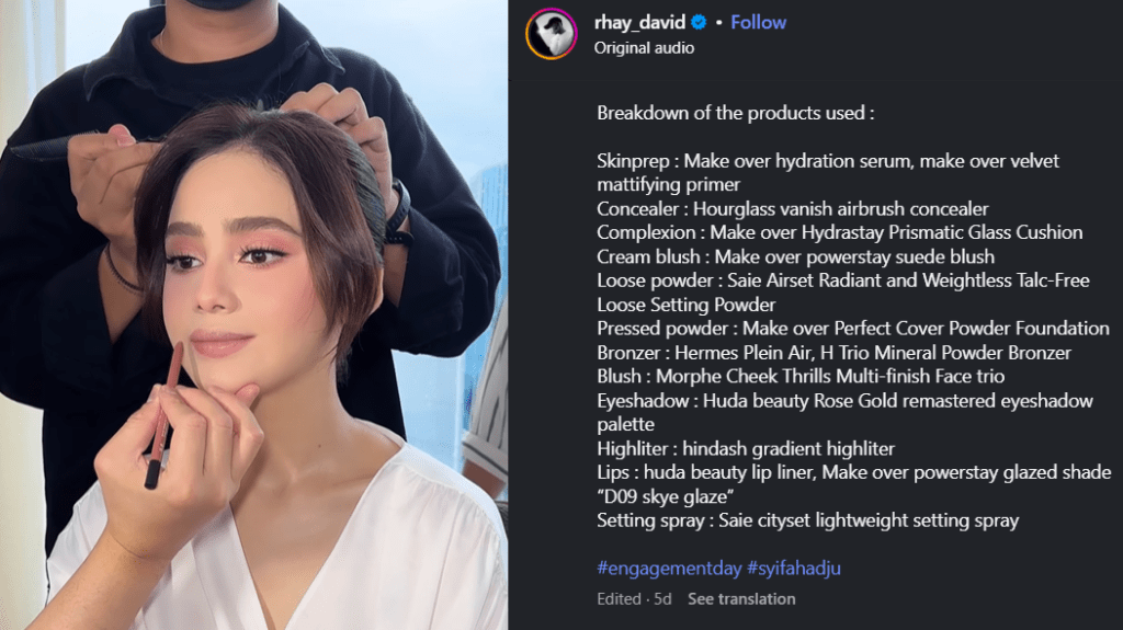 Kesempurnaan riasan bibir dibentuk melalui Huda Beauty Lip Liner, kemudian diisi dengan Make Over Powerstay Glazed Shade D09 Skye Glaze yang menghasilkan kilau segar dan elegan.